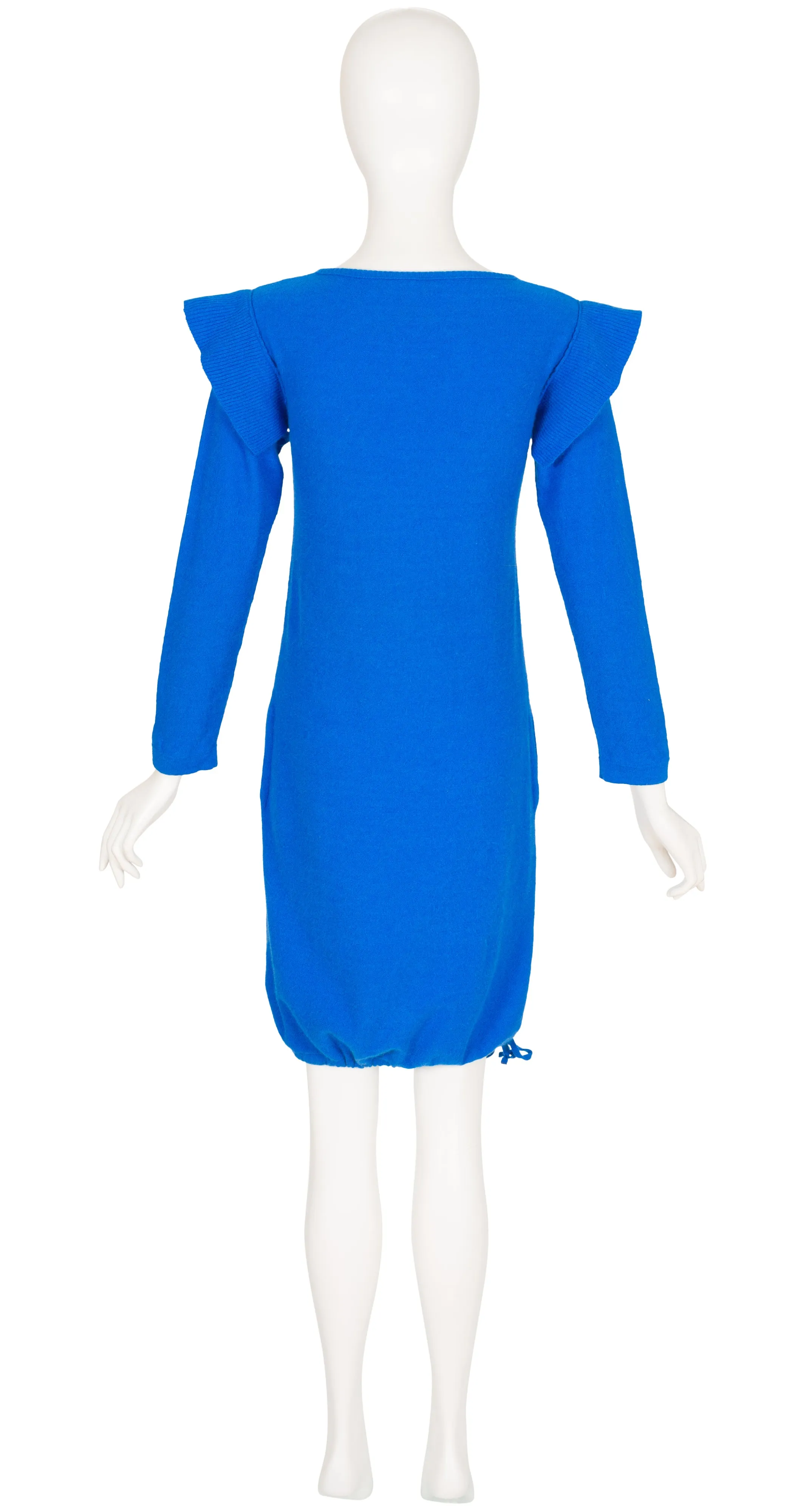 1978 S/S Blue Wool Knit Ruffle Shoulder Tunic Dress