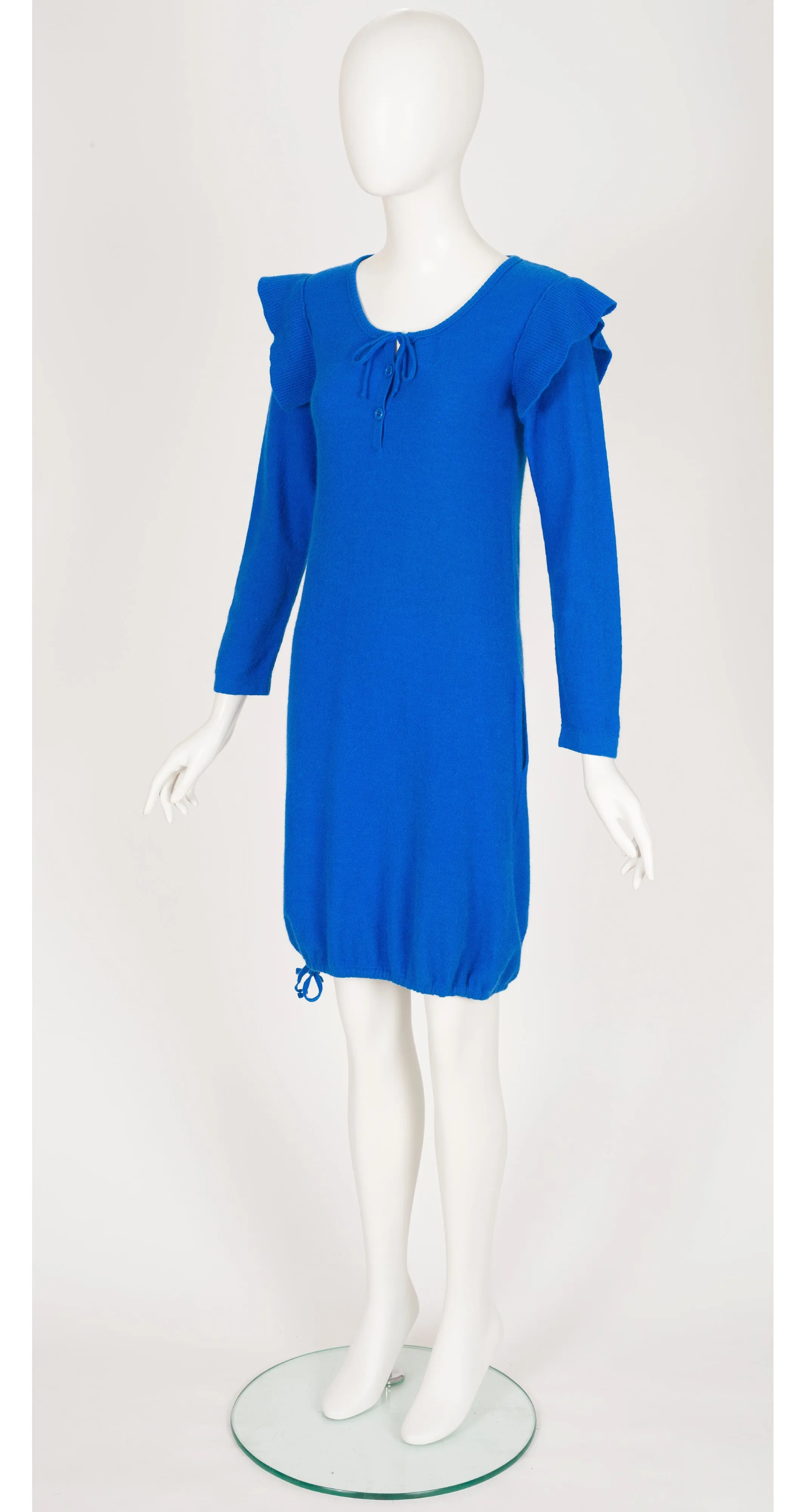 1978 S/S Blue Wool Knit Ruffle Shoulder Tunic Dress