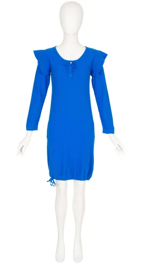 1978 S/S Blue Wool Knit Ruffle Shoulder Tunic Dress