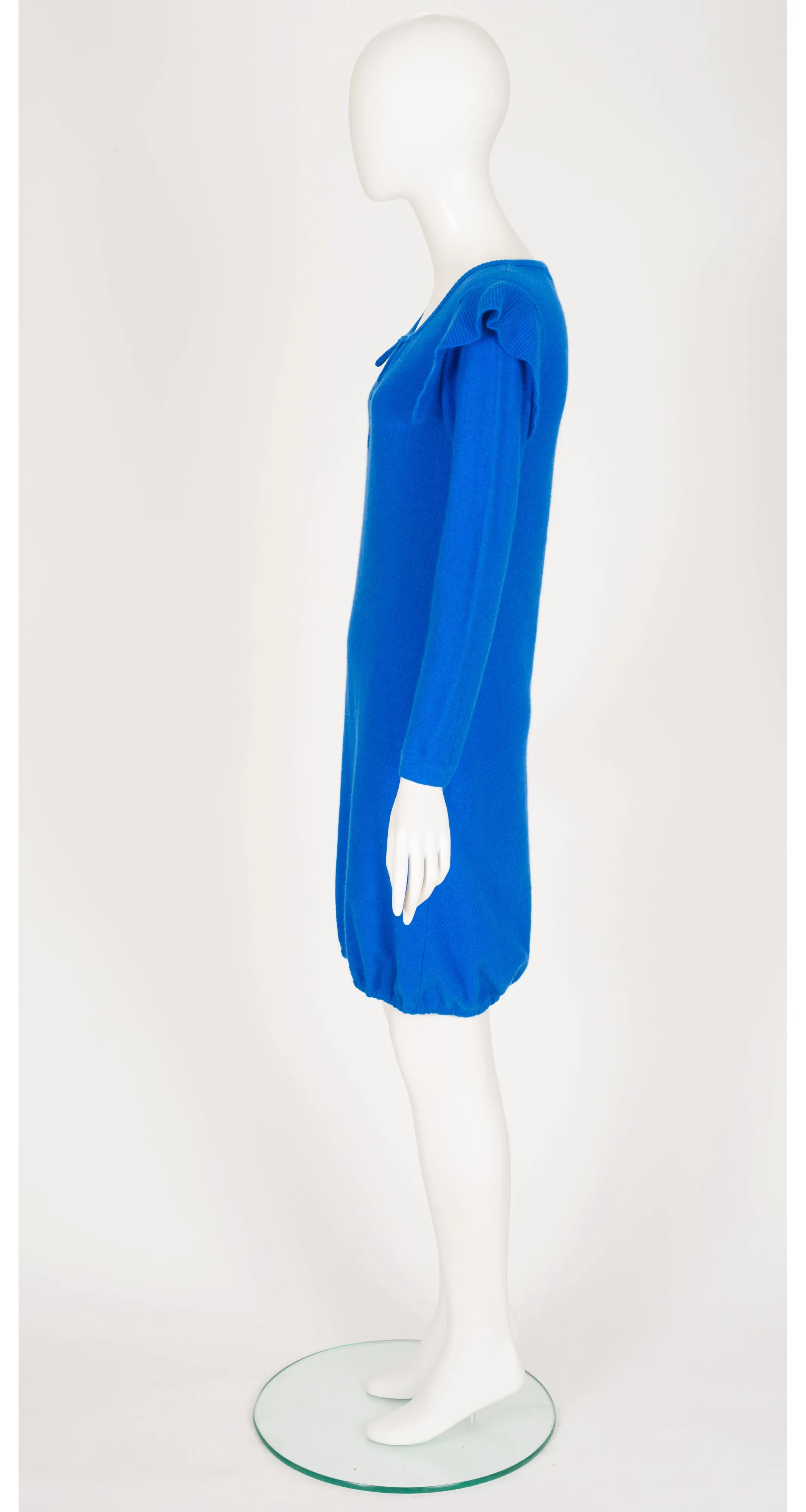 1978 S/S Blue Wool Knit Ruffle Shoulder Tunic Dress