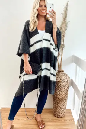 (4P. PACK) Knitted Poncho Cape in Grey and White Stripe
