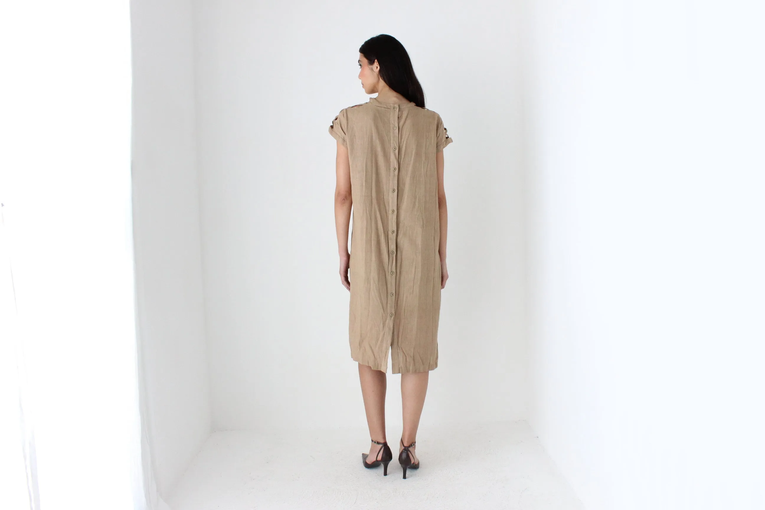 70s Caramel Linen Relaxed Sheath Dress w/ Lattice Cut Outs