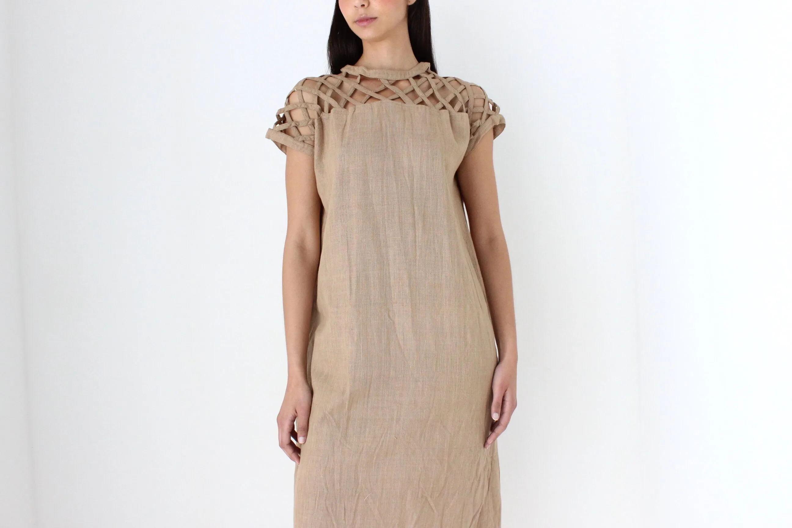 70s Caramel Linen Relaxed Sheath Dress w/ Lattice Cut Outs