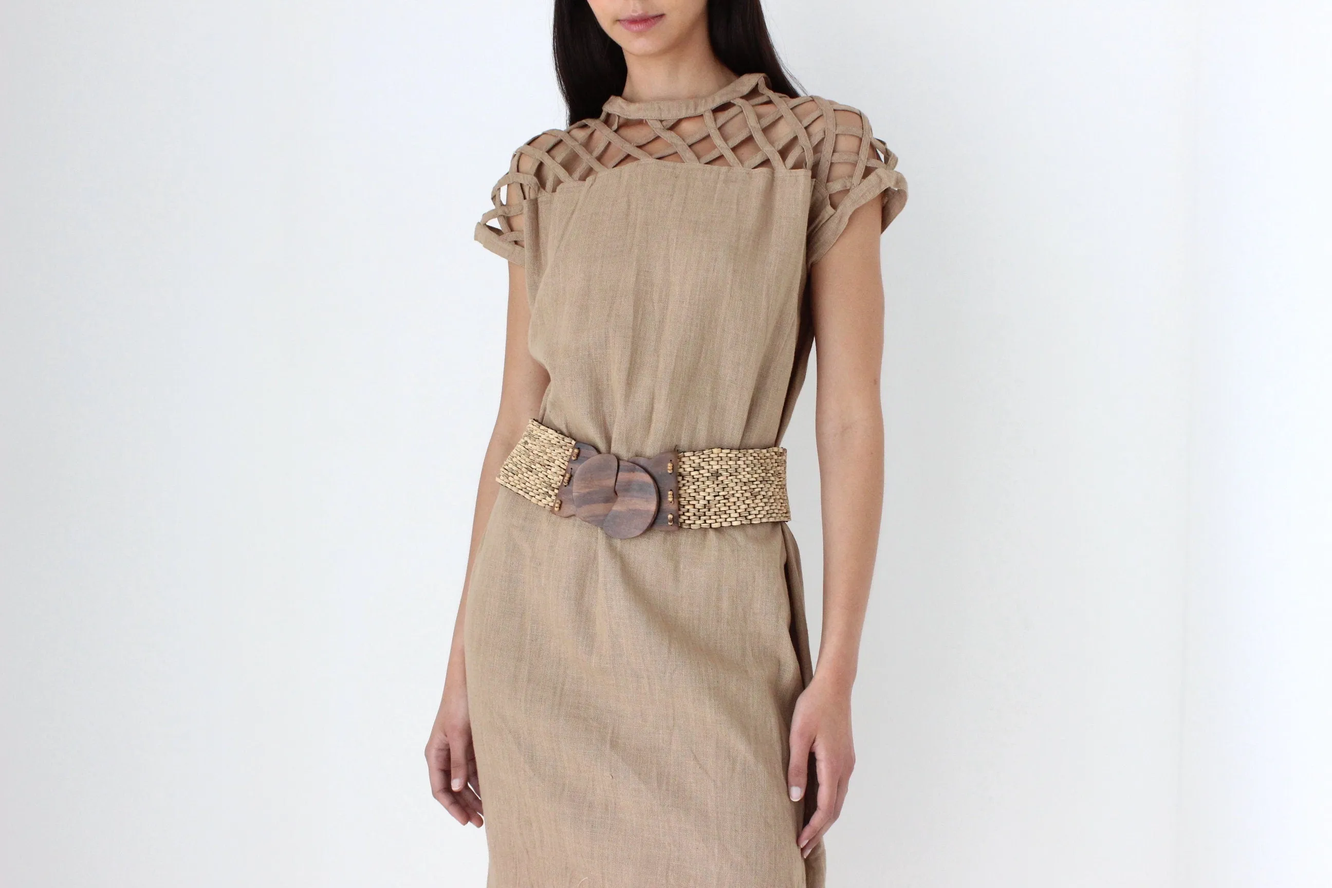 70s Caramel Linen Relaxed Sheath Dress w/ Lattice Cut Outs