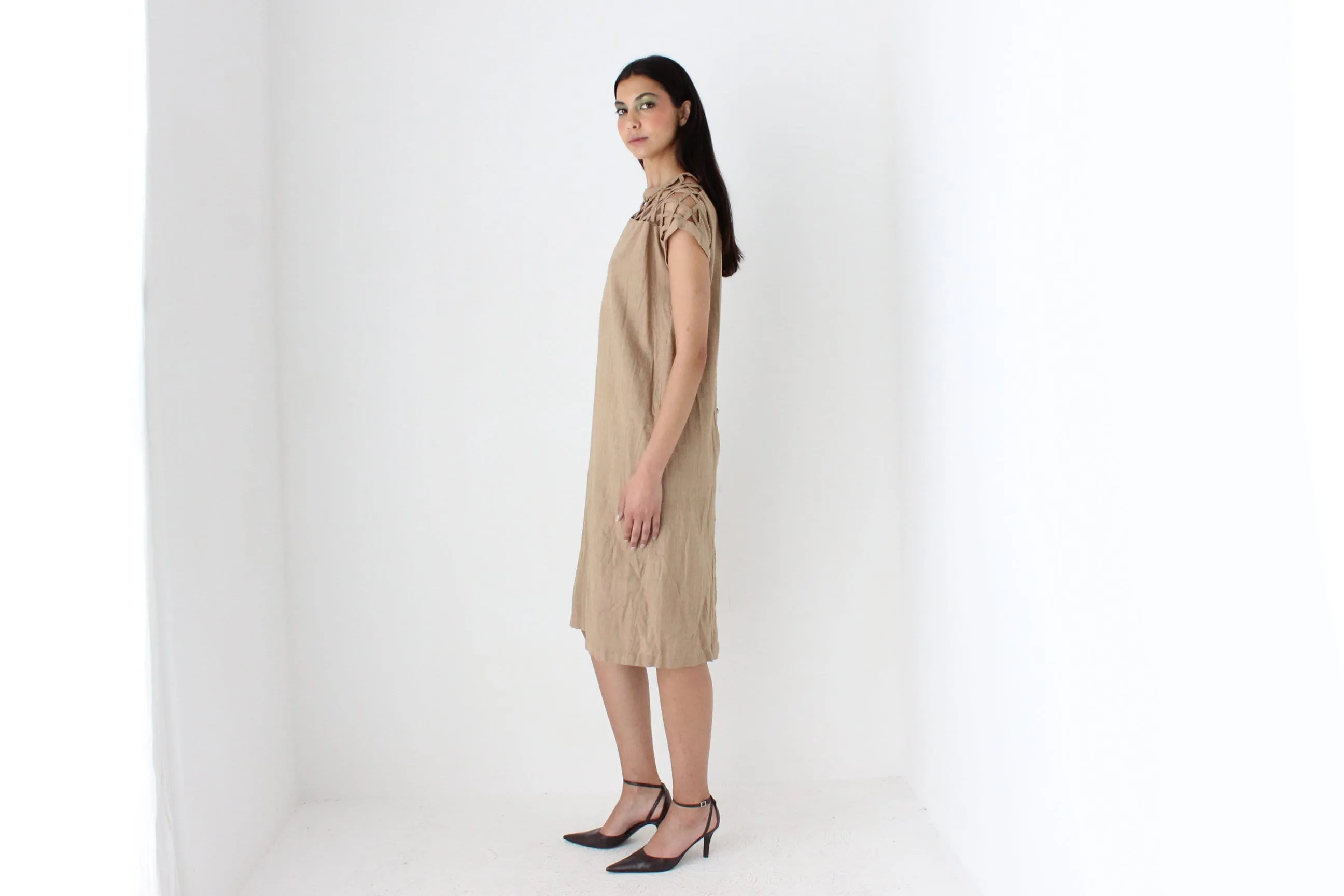 70s Caramel Linen Relaxed Sheath Dress w/ Lattice Cut Outs