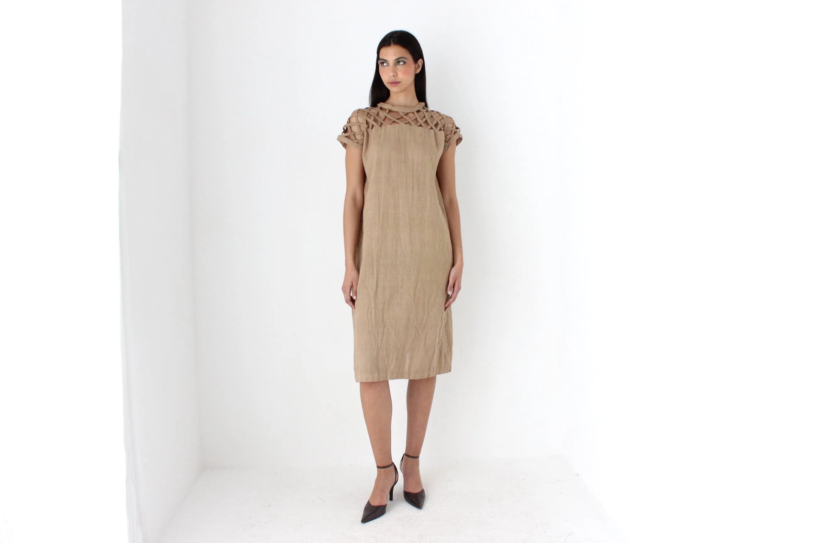 70s Caramel Linen Relaxed Sheath Dress w/ Lattice Cut Outs