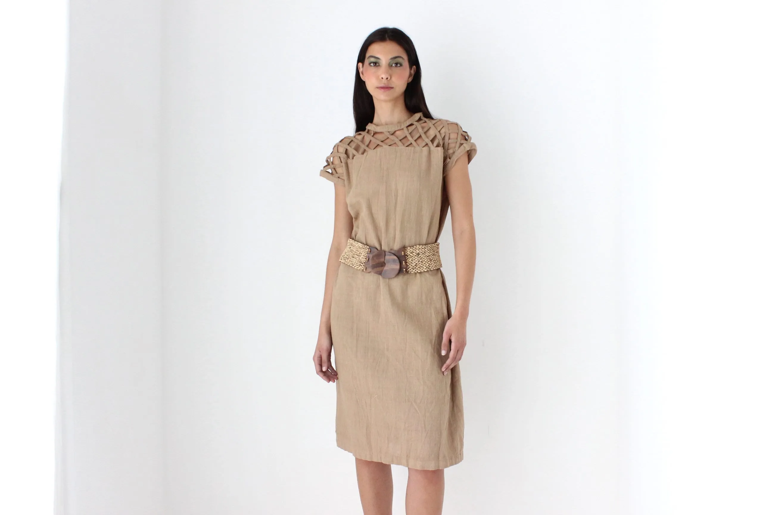 70s Caramel Linen Relaxed Sheath Dress w/ Lattice Cut Outs
