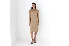 70s Caramel Linen Relaxed Sheath Dress w/ Lattice Cut Outs