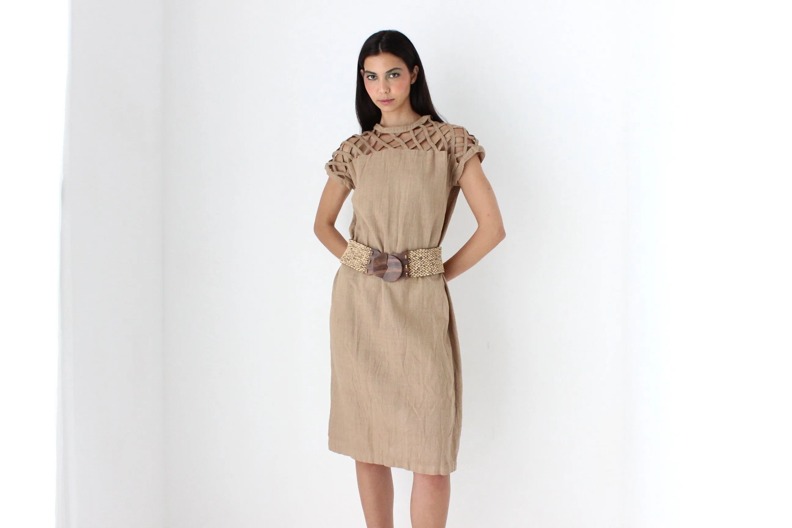 70s Caramel Linen Relaxed Sheath Dress w/ Lattice Cut Outs
