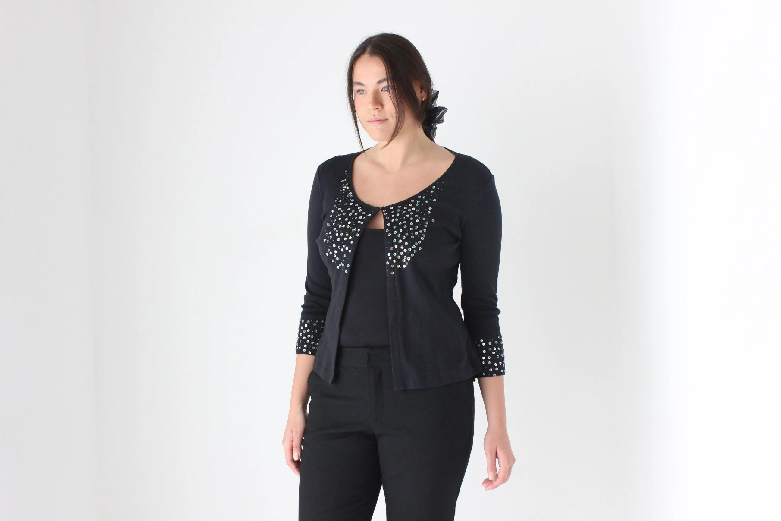 80s Stretch Cotton & Sequin Cardigan Top
