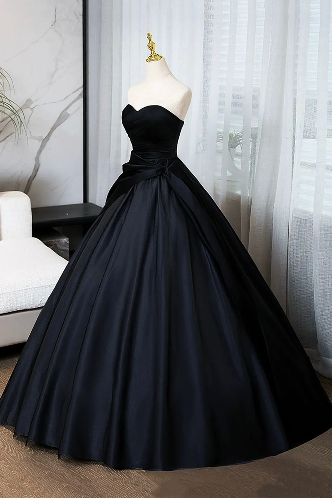 A-Line Black Floor Length Prom Dress, Black Strapless Formal Evening Dress