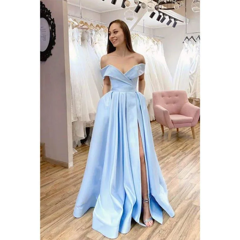 A-line Sky Blue Satin Off-the-shoulder High Split Long Prom Dress with Pockets
