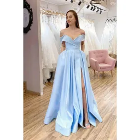 A-line Sky Blue Satin Off-the-shoulder High Split Long Prom Dress with Pockets