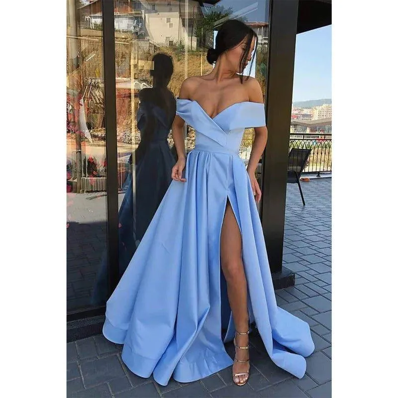 A-line Sky Blue Satin Off-the-shoulder High Split Long Prom Dress with Pockets