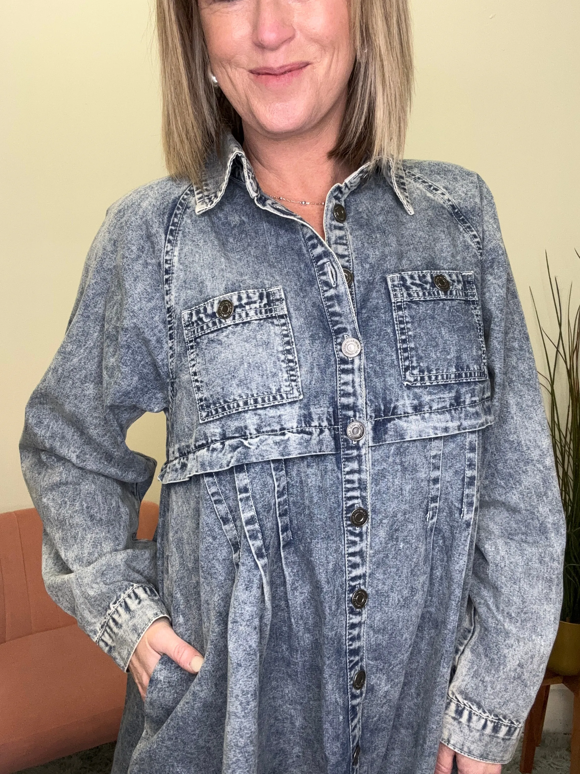 Acid Washed Denim Shirt Dress