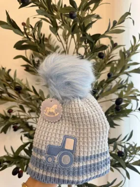 Adorable Baby Blue Knit Winter Hat with Tractor Design and Pom Pom