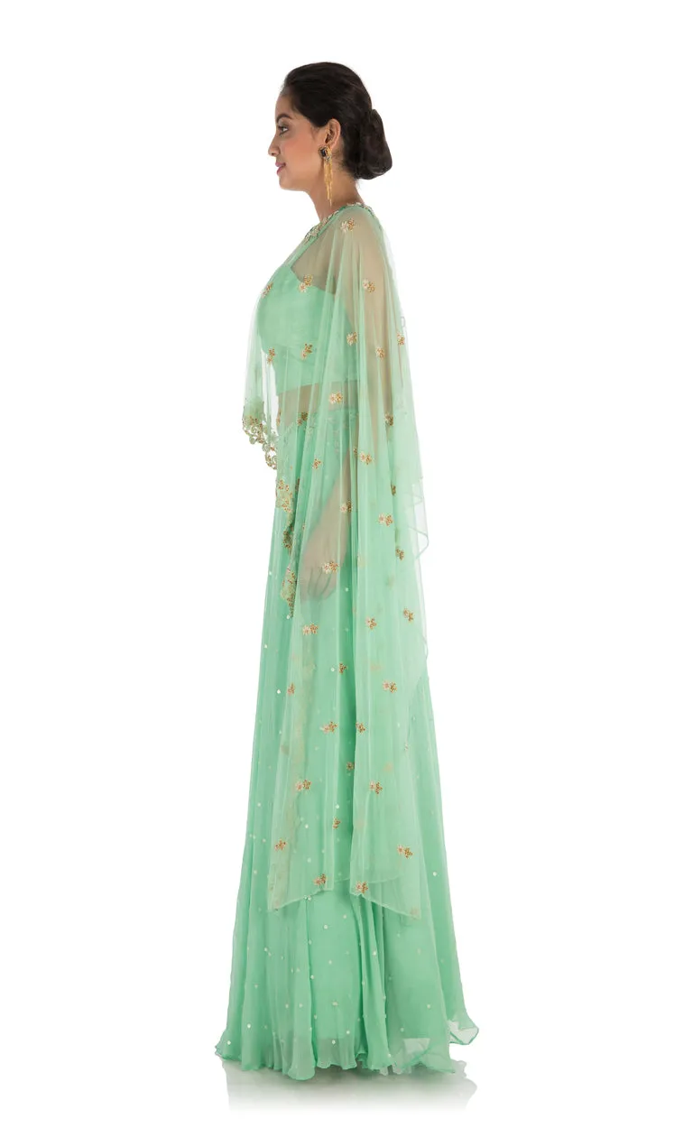 Anju Agarwal Mint Green Cape Lehenga Set