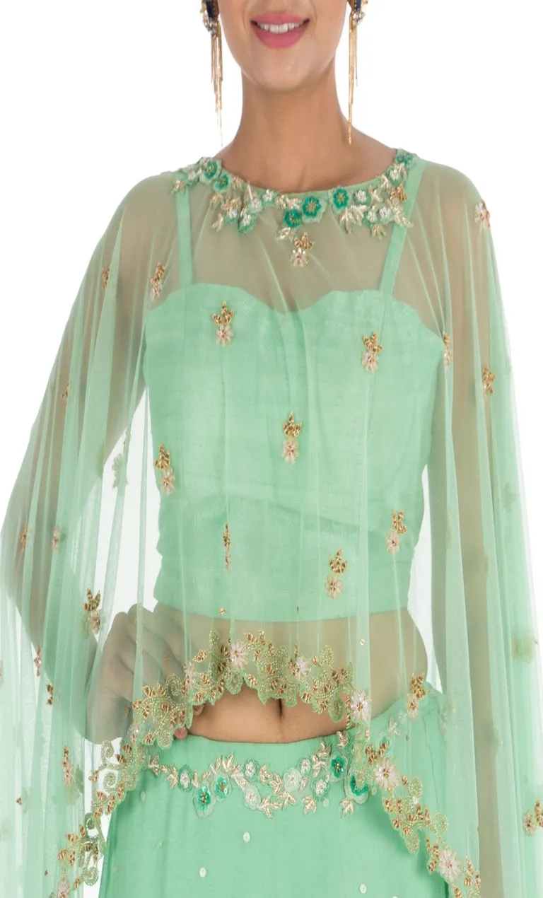 Anju Agarwal Mint Green Cape Lehenga Set
