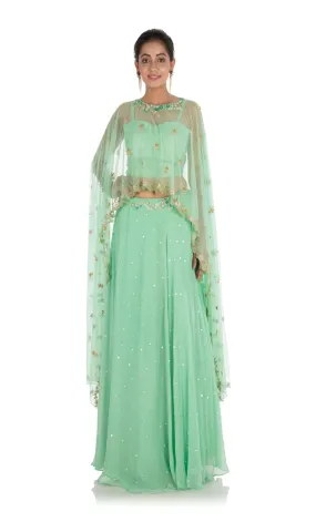 Anju Agarwal Mint Green Cape Lehenga Set