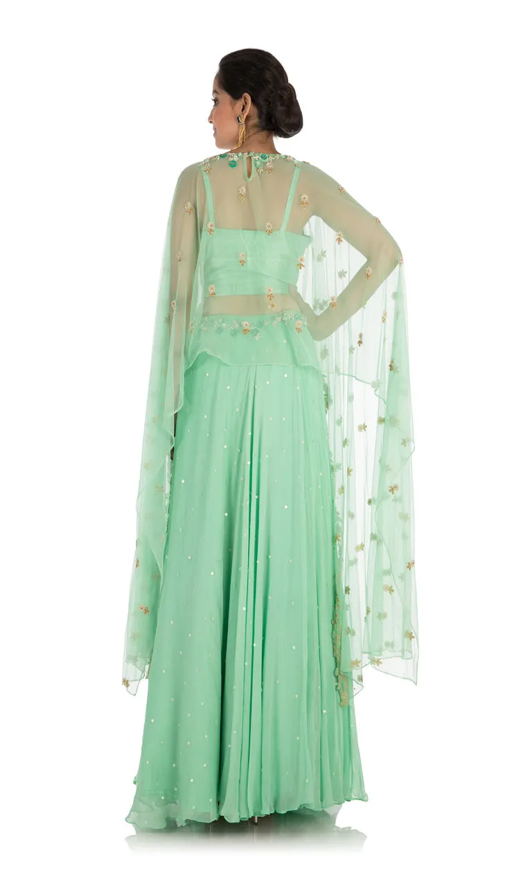 Anju Agarwal Mint Green Cape Lehenga Set