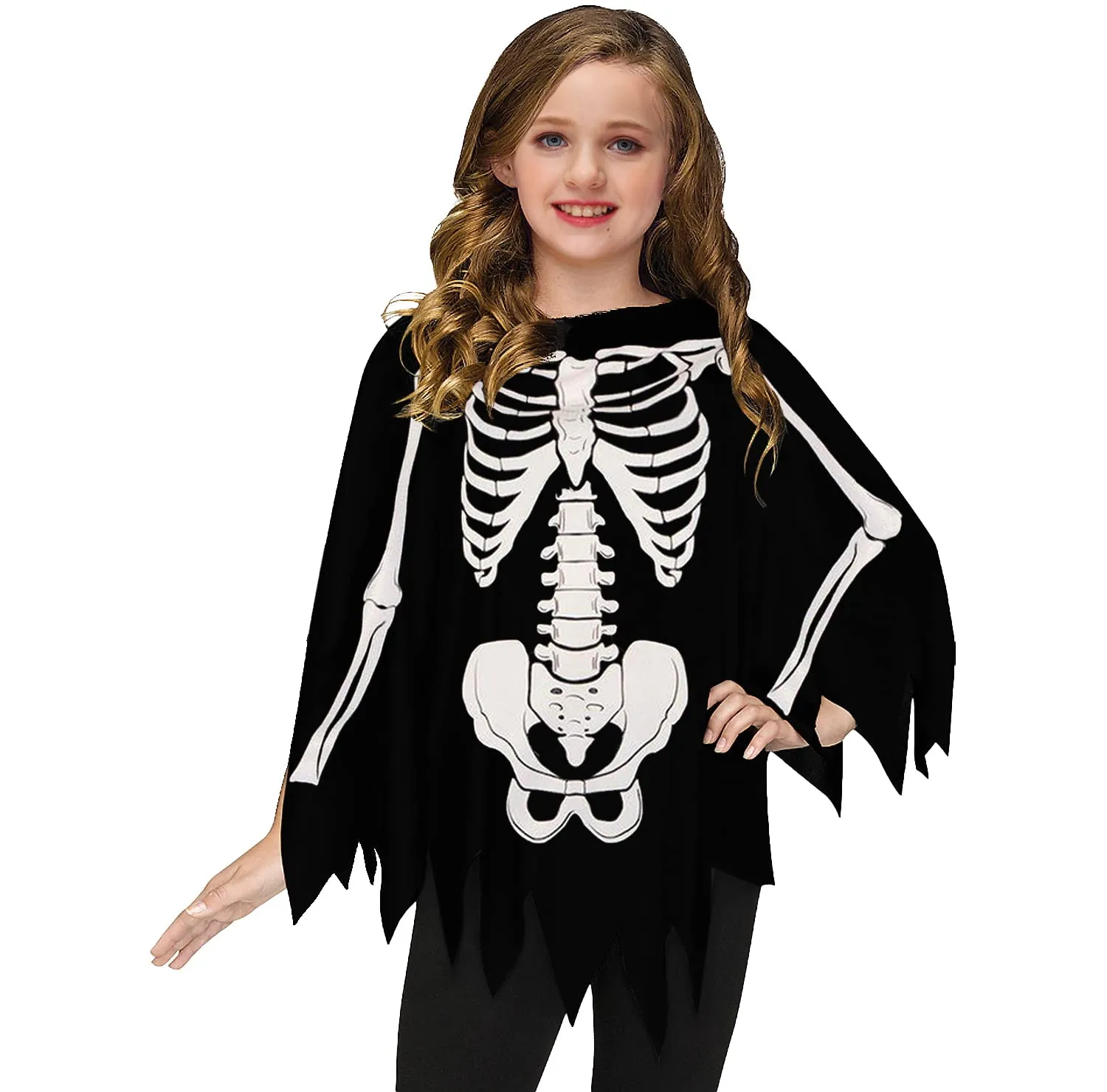 AOBUTE Unisex Kids Halloween Skeleton Poncho Day of The Dead Party Scary Girl Cloak Cape