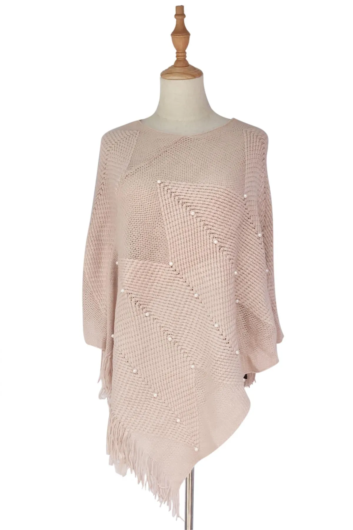 Arrow Knit & Pearl Tassel Poncho