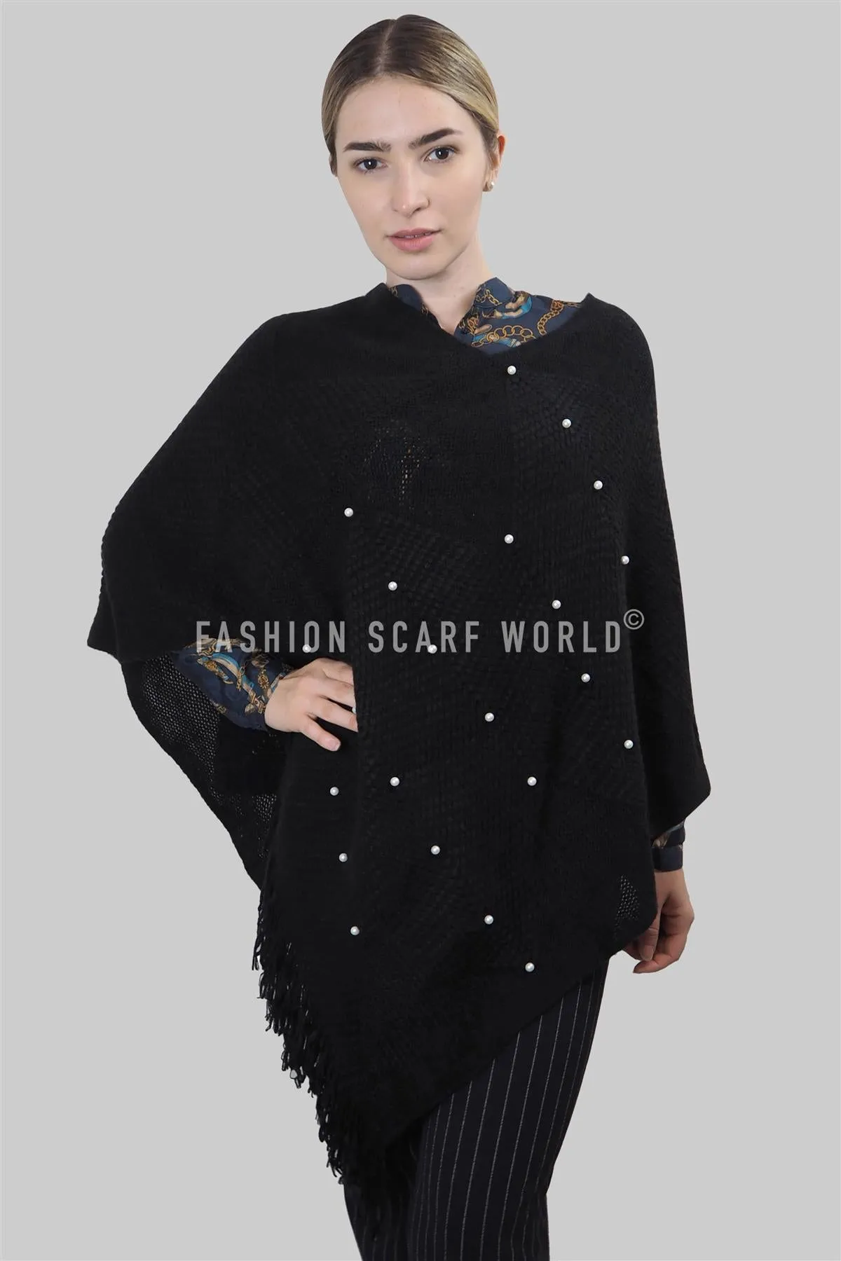 Arrow Knit & Pearl Tassel Poncho
