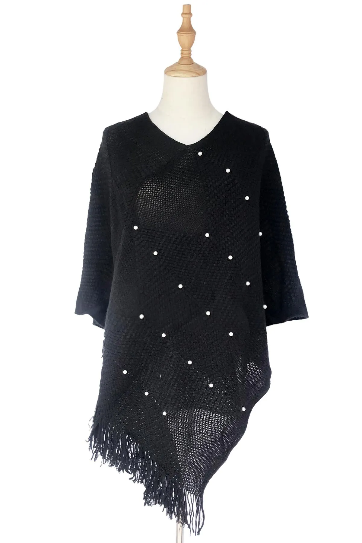 Arrow Knit & Pearl Tassel Poncho