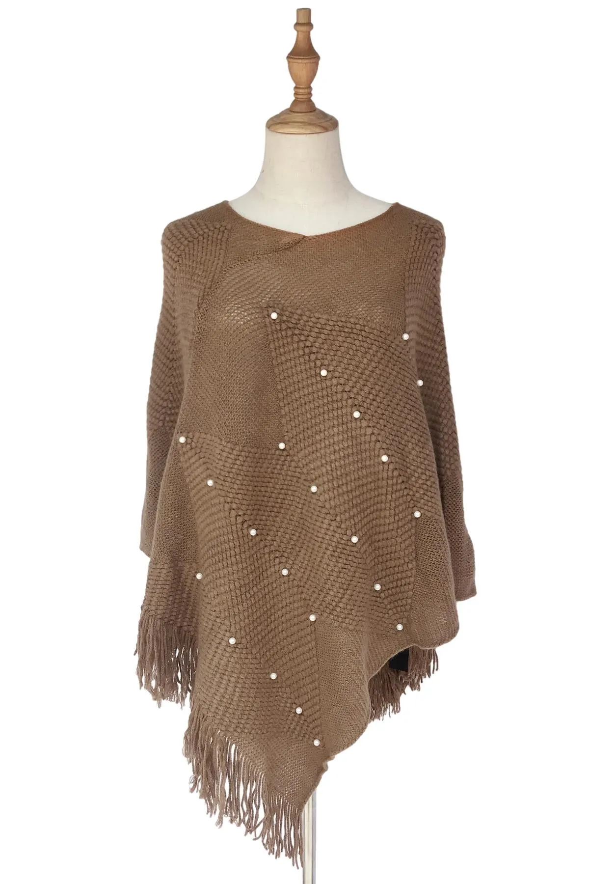 Arrow Knit & Pearl Tassel Poncho
