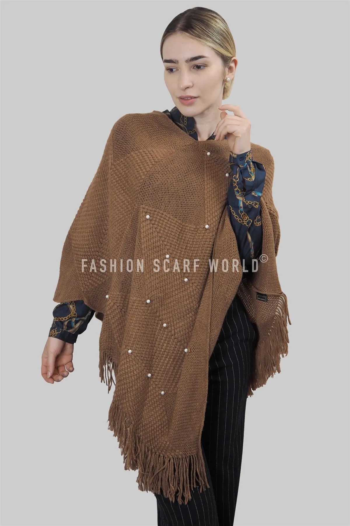 Arrow Knit & Pearl Tassel Poncho