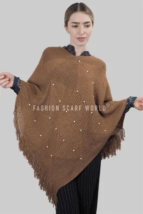 Arrow Knit & Pearl Tassel Poncho