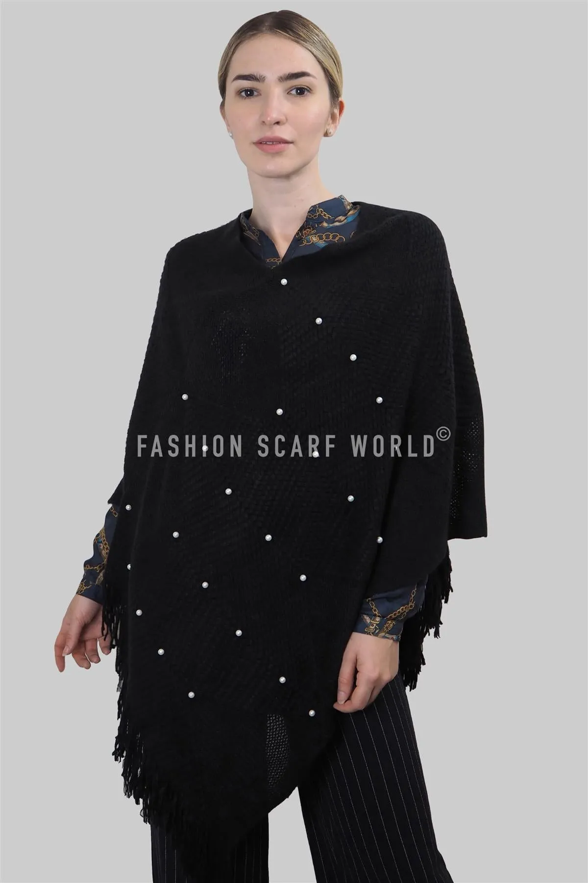 Arrow Knit & Pearl Tassel Poncho