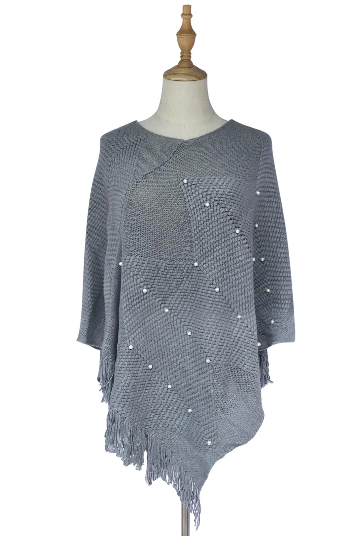 Arrow Knit & Pearl Tassel Poncho