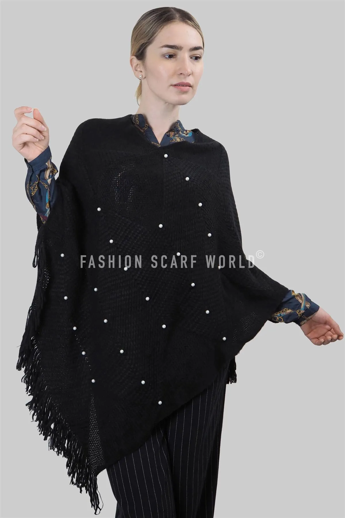Arrow Knit & Pearl Tassel Poncho