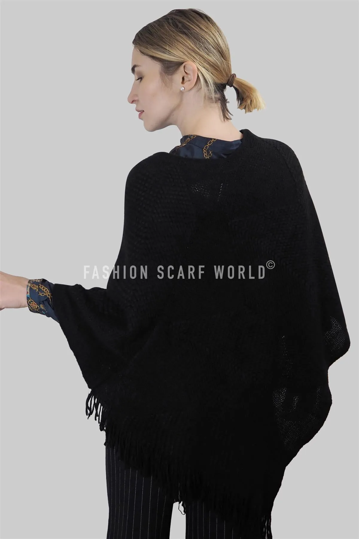 Arrow Knit & Pearl Tassel Poncho
