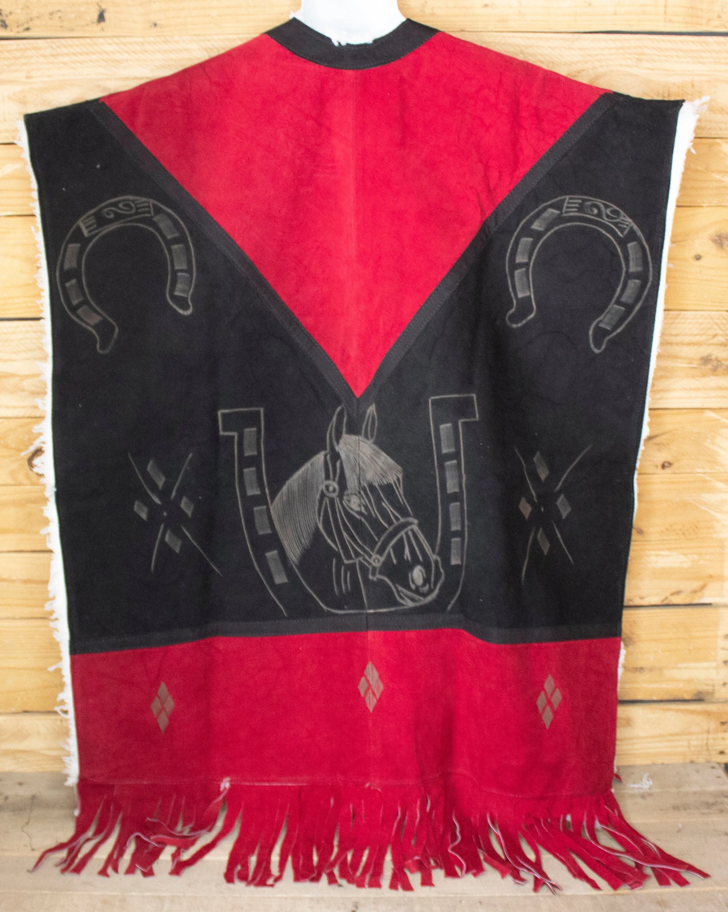AUTHENTIC SUEDE LEATHER Red stamped Horse & Horseshoe Western sheep wool cowboy Mexican zarape poncho