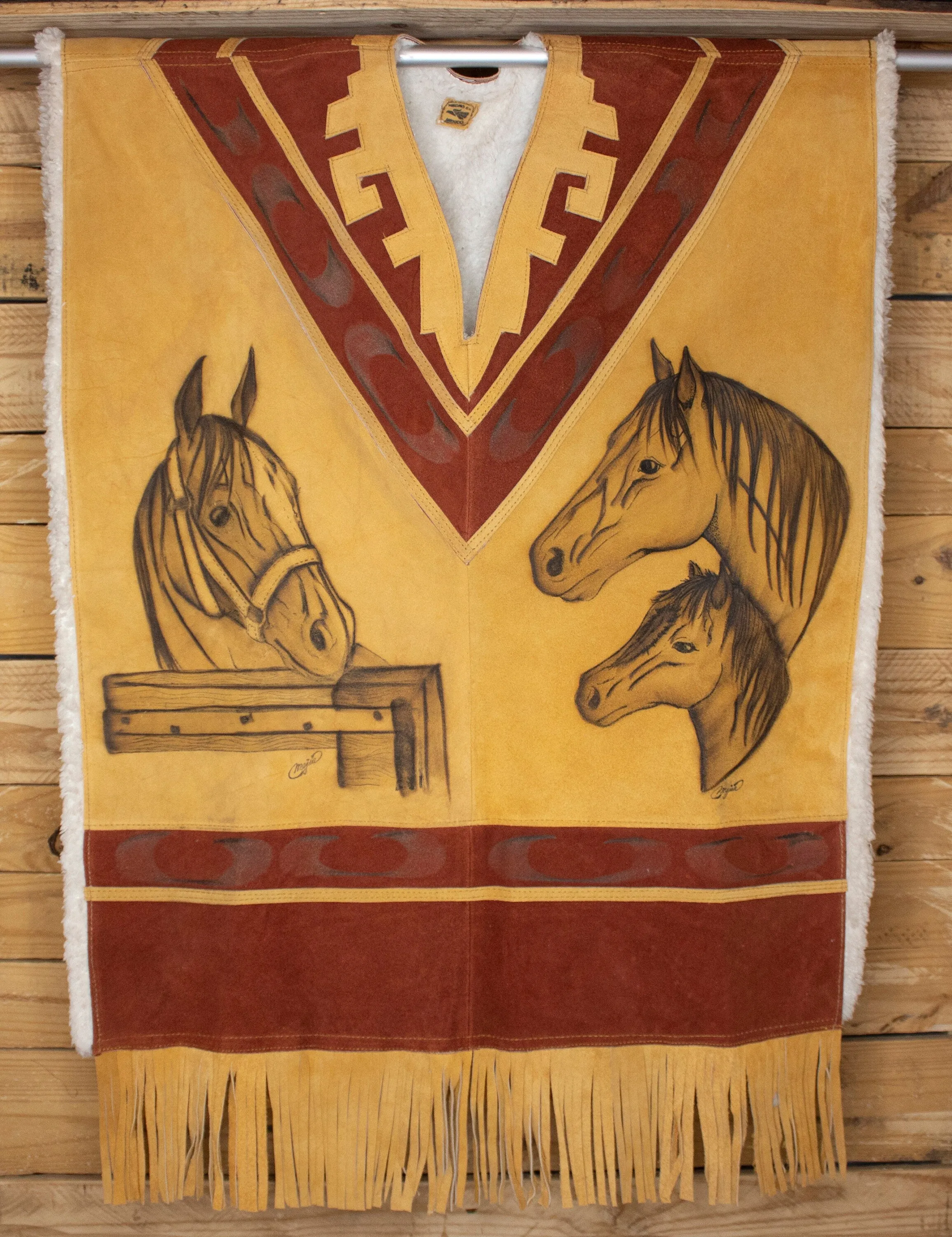 AUTHENTIC SUEDE LEATHER stamped Horse Western sheep wool cowboy Mexican poncho rebozo wrap
