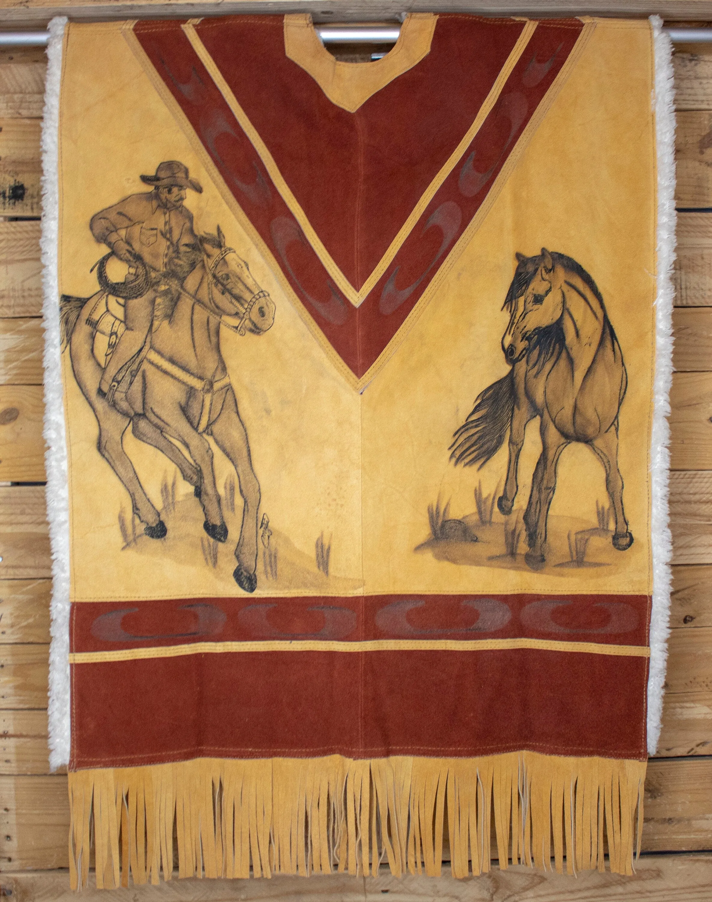 AUTHENTIC SUEDE LEATHER stamped Horse Western sheep wool cowboy Mexican poncho rebozo wrap