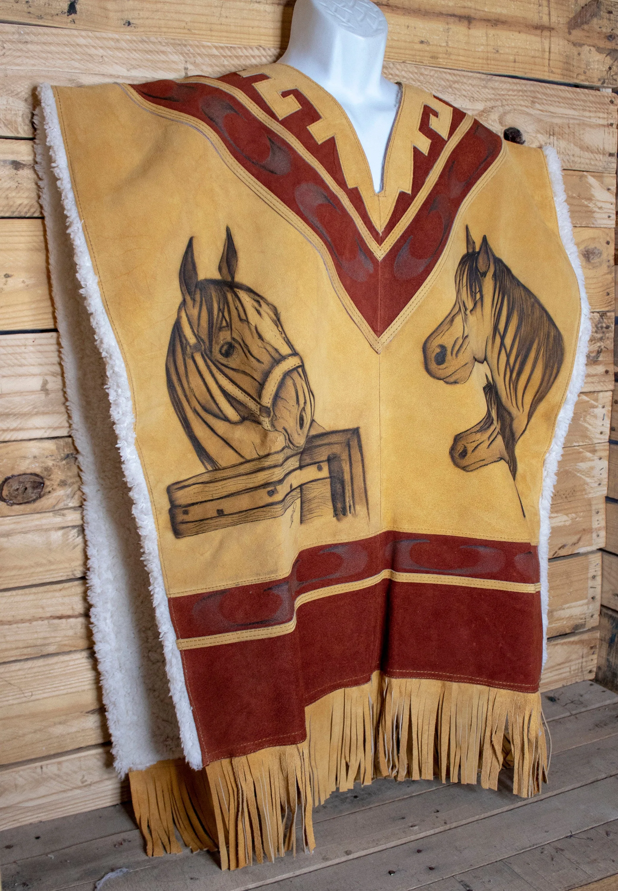 AUTHENTIC SUEDE LEATHER stamped Horse Western sheep wool cowboy Mexican poncho rebozo wrap