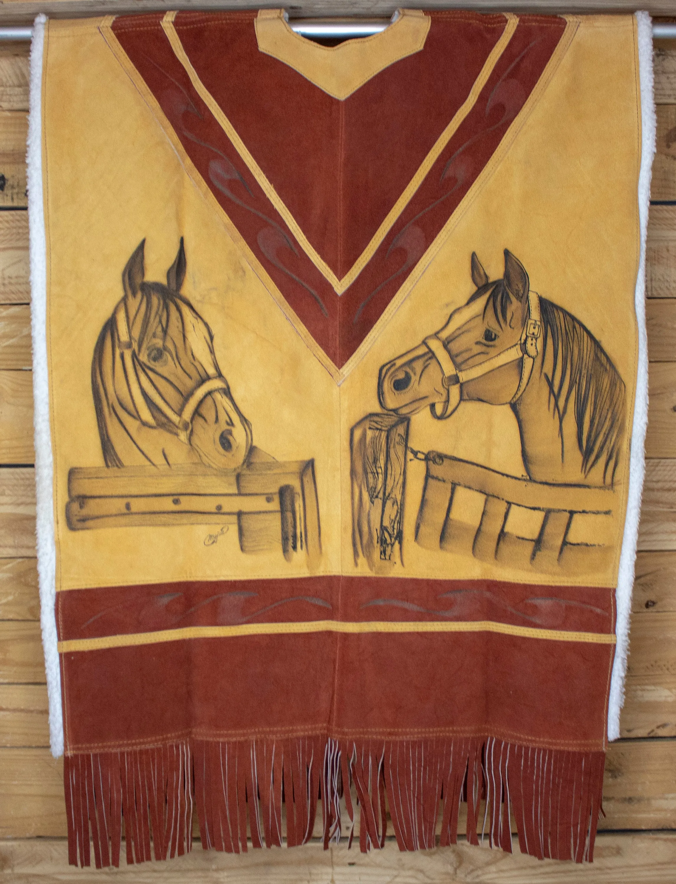 AUTHENTIC SUEDE LEATHER stamped Western sheep wool cowboy Mexican poncho rebozo wrap