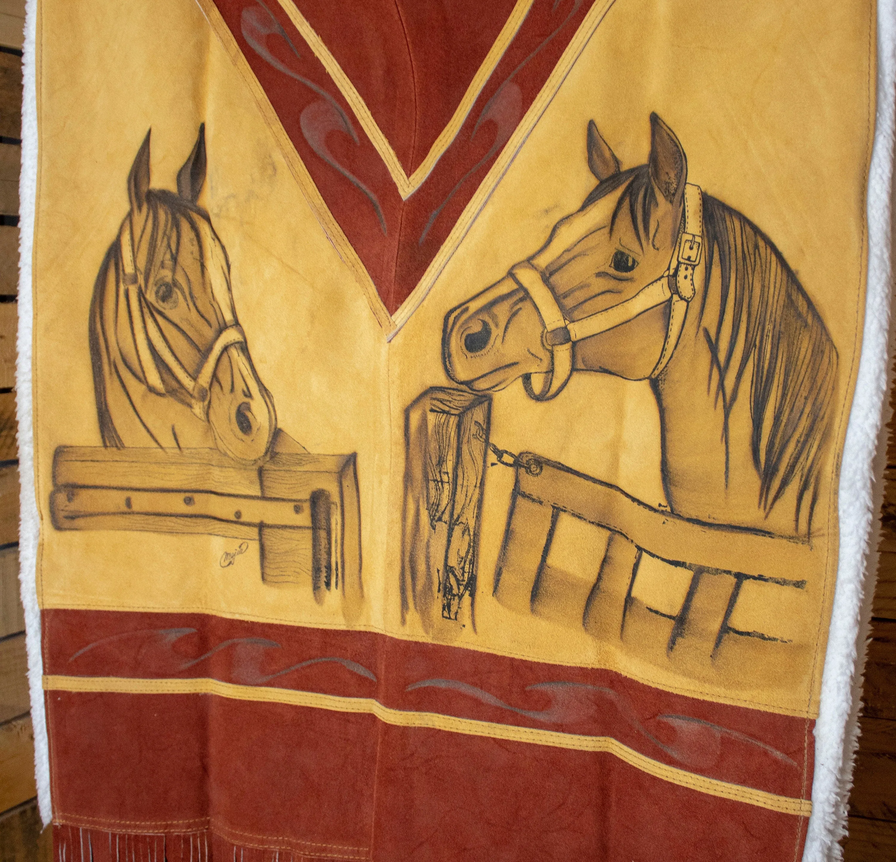AUTHENTIC SUEDE LEATHER stamped Western sheep wool cowboy Mexican poncho rebozo wrap