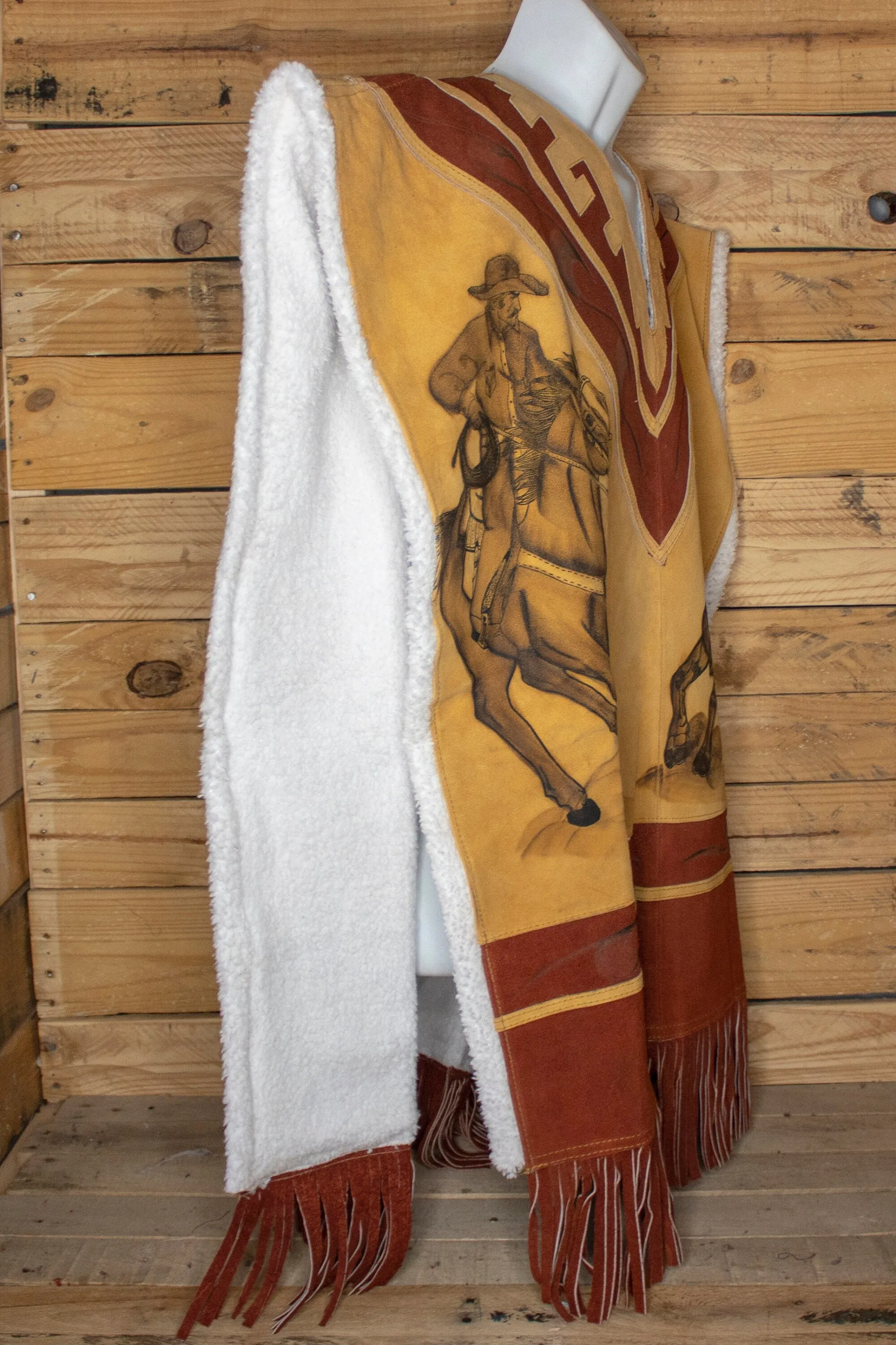 AUTHENTIC SUEDE LEATHER stamped Western sheep wool cowboy Mexican poncho rebozo wrap