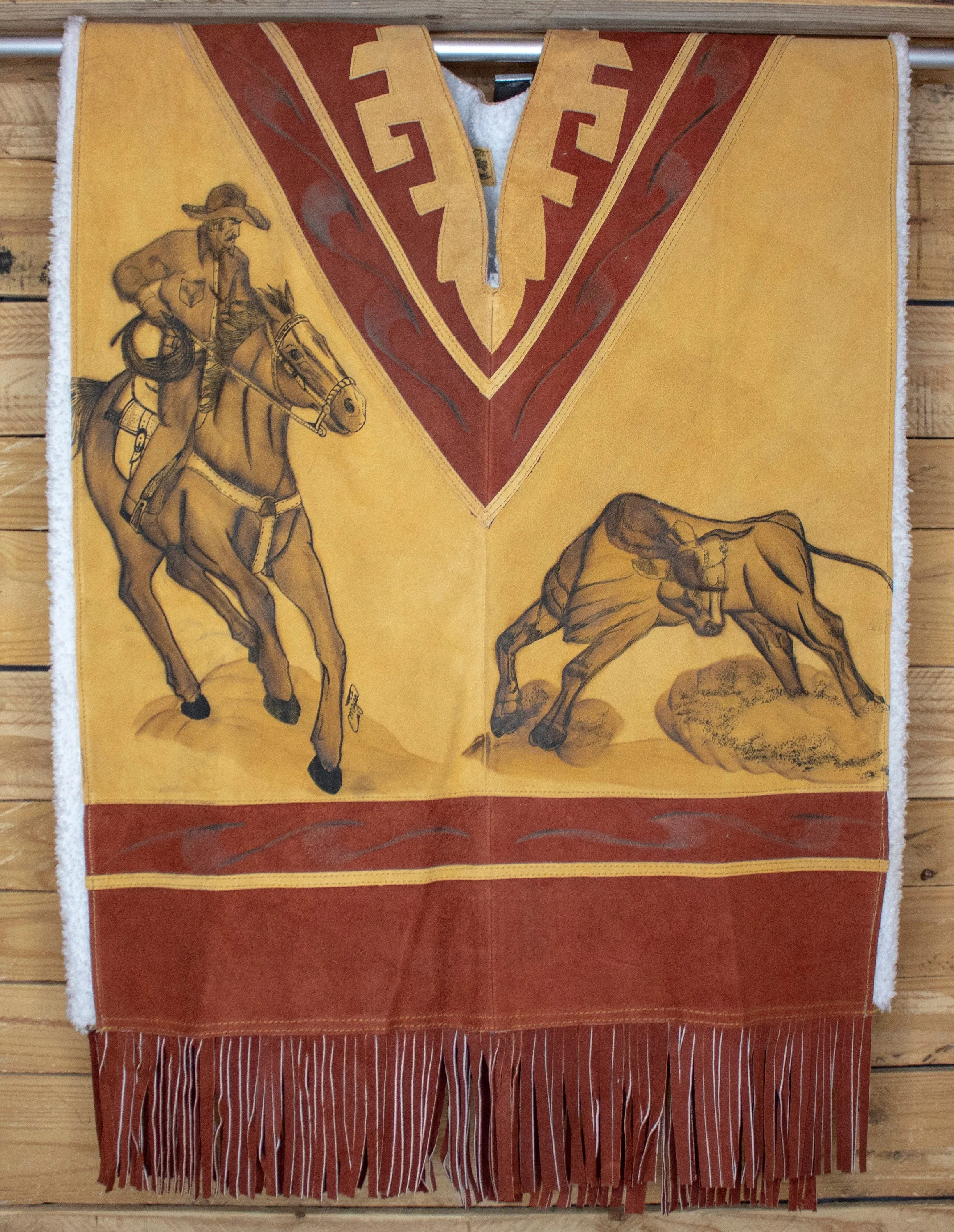 AUTHENTIC SUEDE LEATHER stamped Western sheep wool cowboy Mexican poncho rebozo wrap