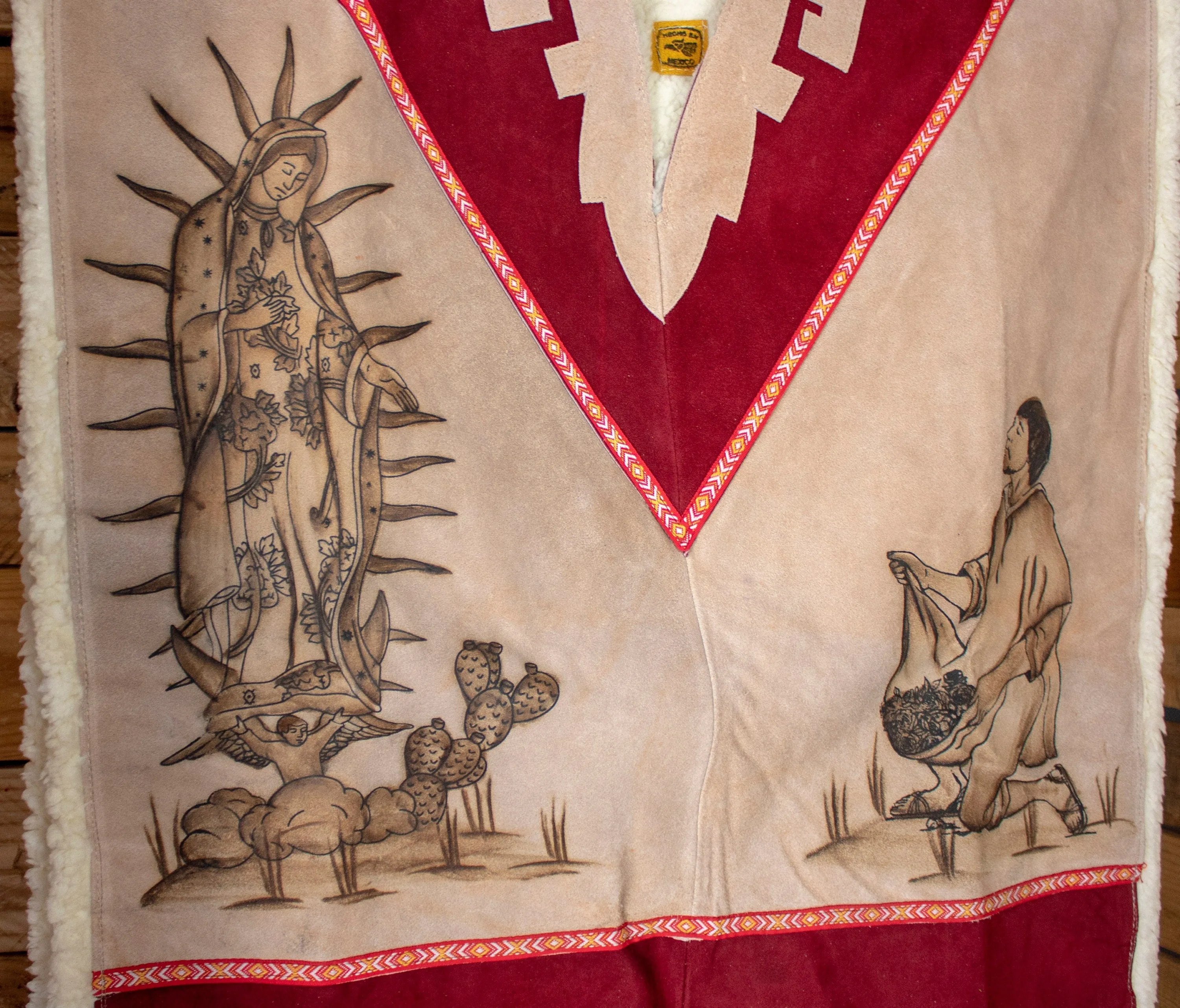 AUTHENTIC SUEDE LEATHER Virgen de Guadalupe Virgin Mary Juan Diego stamped sheep wool cowboy Mexican poncho rebozo Gaban