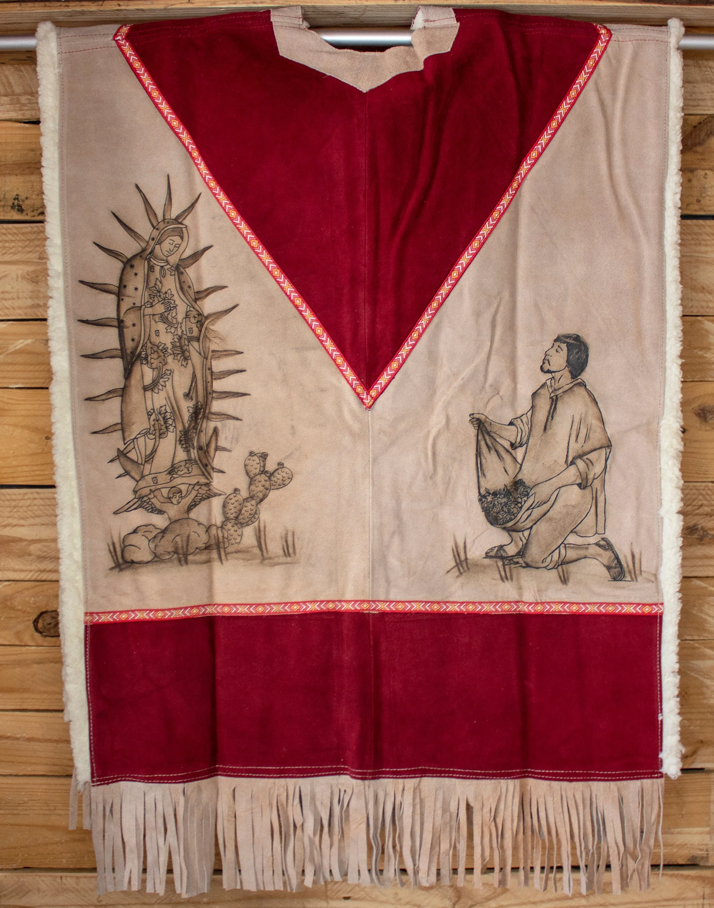 AUTHENTIC SUEDE LEATHER Virgen de Guadalupe Virgin Mary Juan Diego stamped sheep wool cowboy Mexican poncho rebozo Gaban