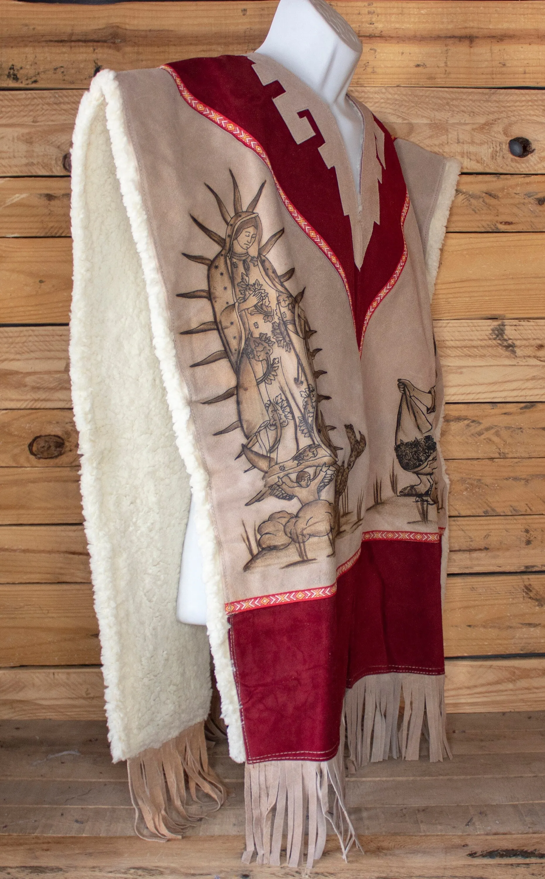 AUTHENTIC SUEDE LEATHER Virgen de Guadalupe Virgin Mary Juan Diego stamped sheep wool cowboy Mexican poncho rebozo Gaban