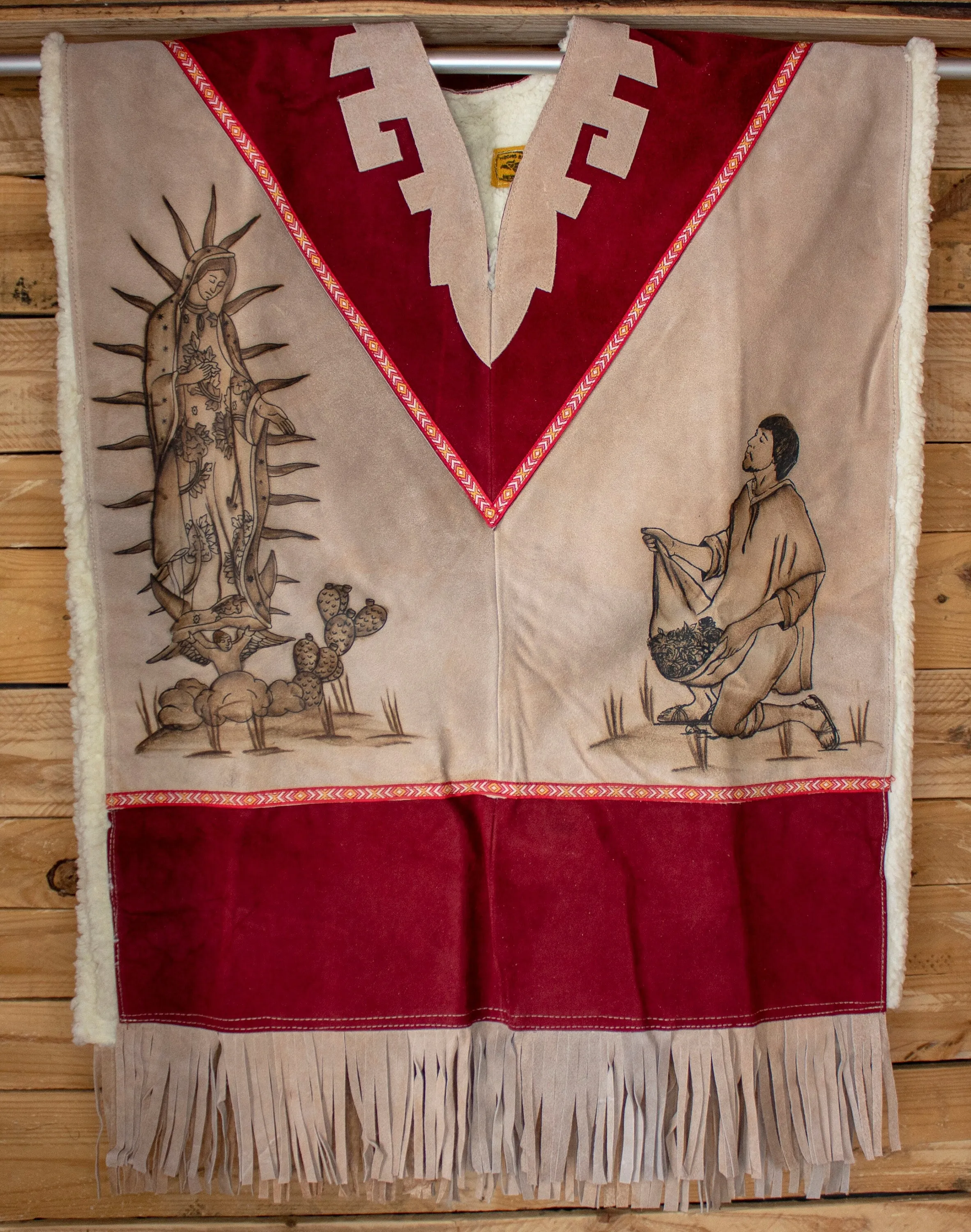 AUTHENTIC SUEDE LEATHER Virgen de Guadalupe Virgin Mary Juan Diego stamped sheep wool cowboy Mexican poncho rebozo Gaban