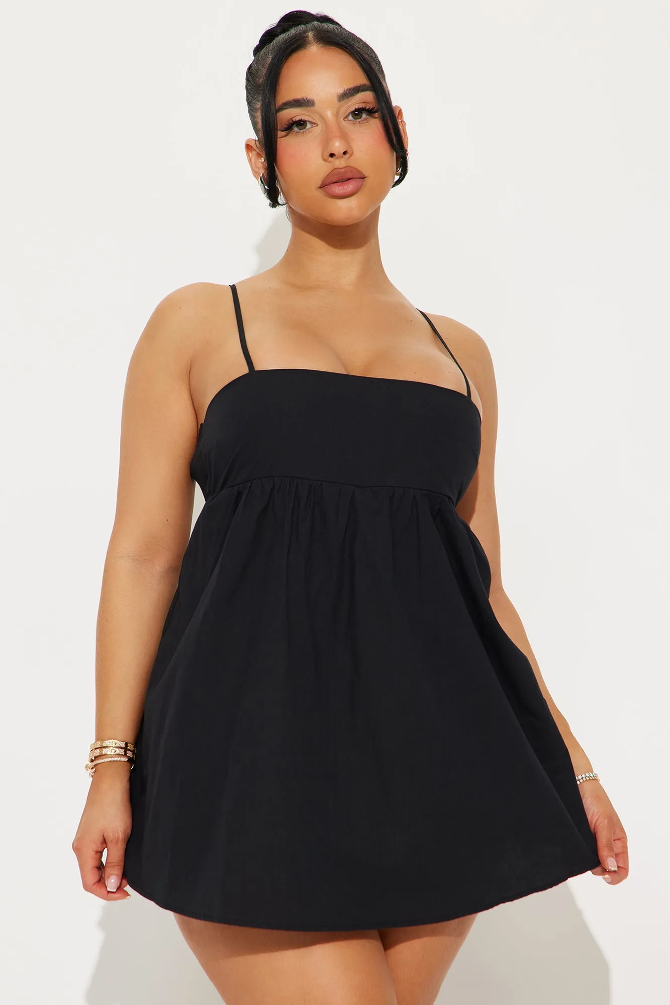 Ava Poplin Babydoll Mini Dress - Black