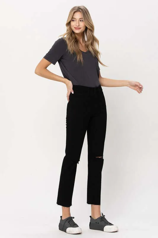 Black High Rise Straight Distressed Jeans