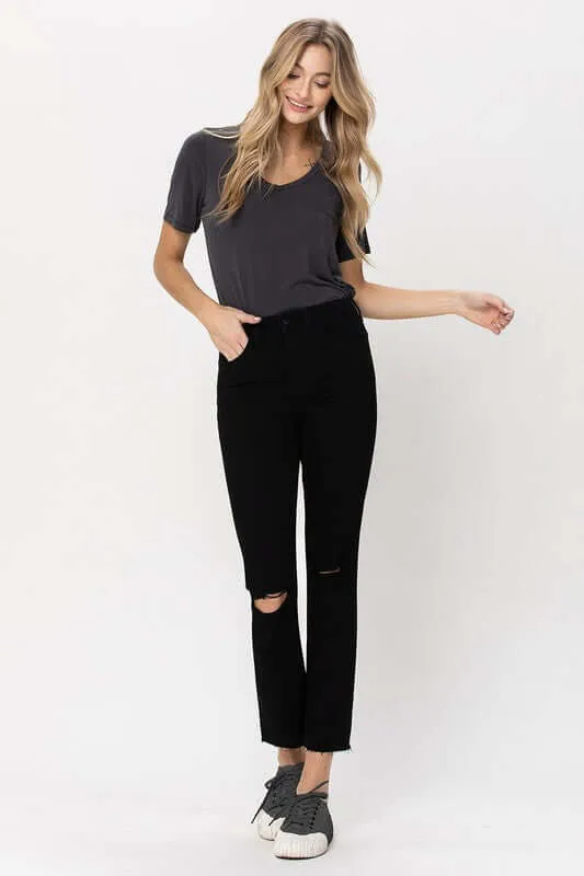 Black High Rise Straight Distressed Jeans